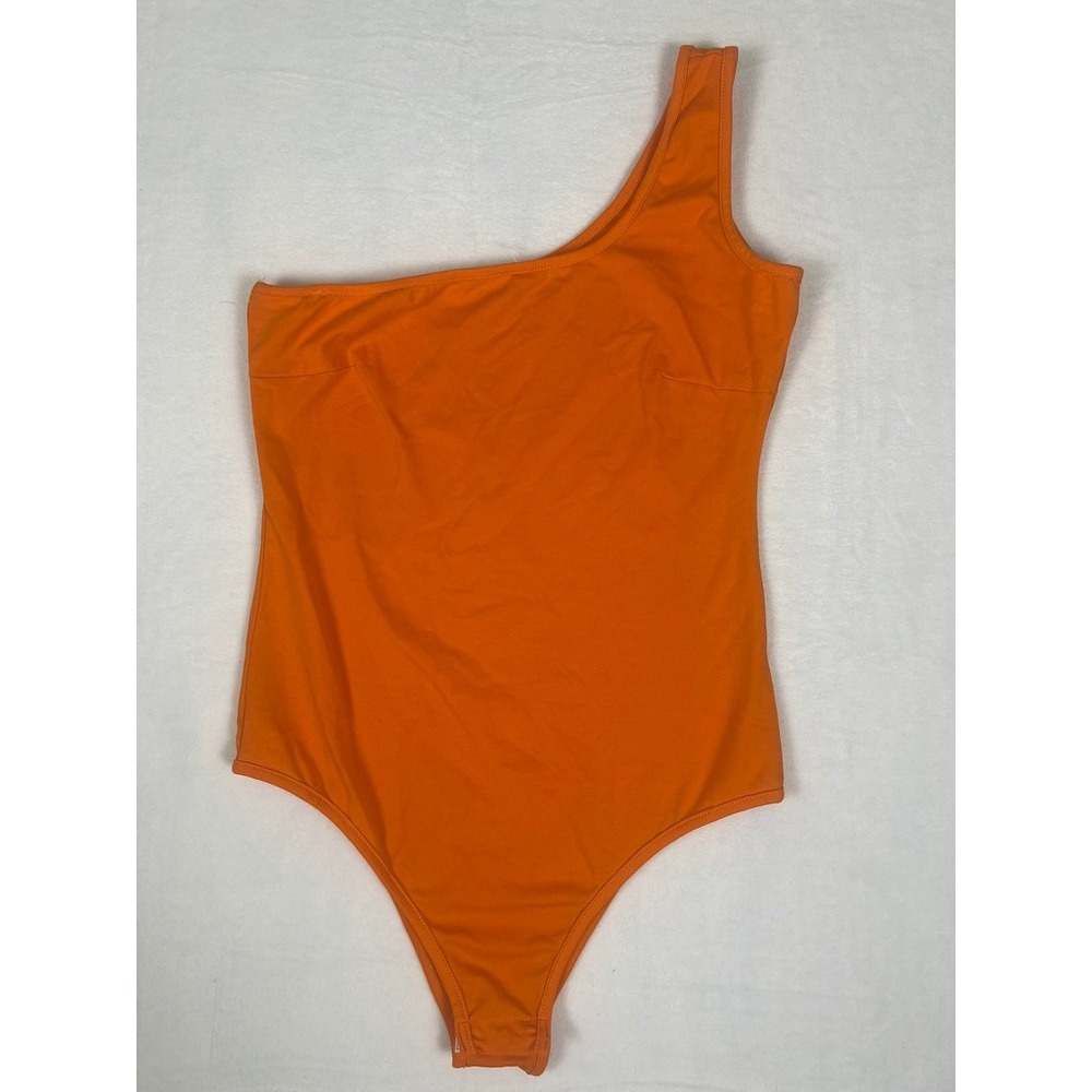 Orange One Shoulder Bodysuit W MD Asymmetrical Stretch Top Neon Tron Minimal Y2K